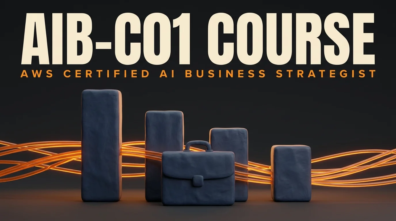 AIB-C01 course by Preporato: the four AWS Certified AI Business Strategist exam domains as clay bars with a clay briefcase in front