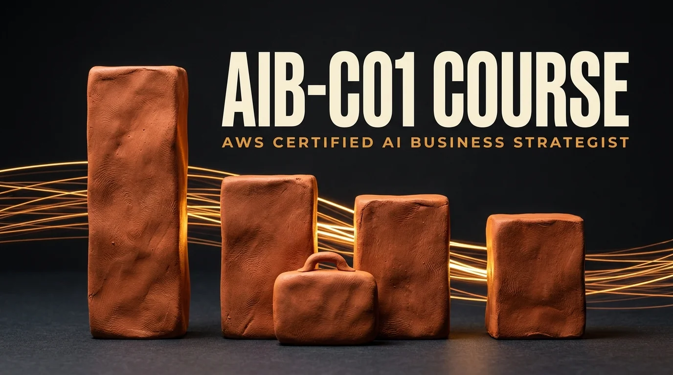 AIB-C01 course by Preporato: the four AWS Certified AI Business Strategist exam domains as clay bars with a clay briefcase in front