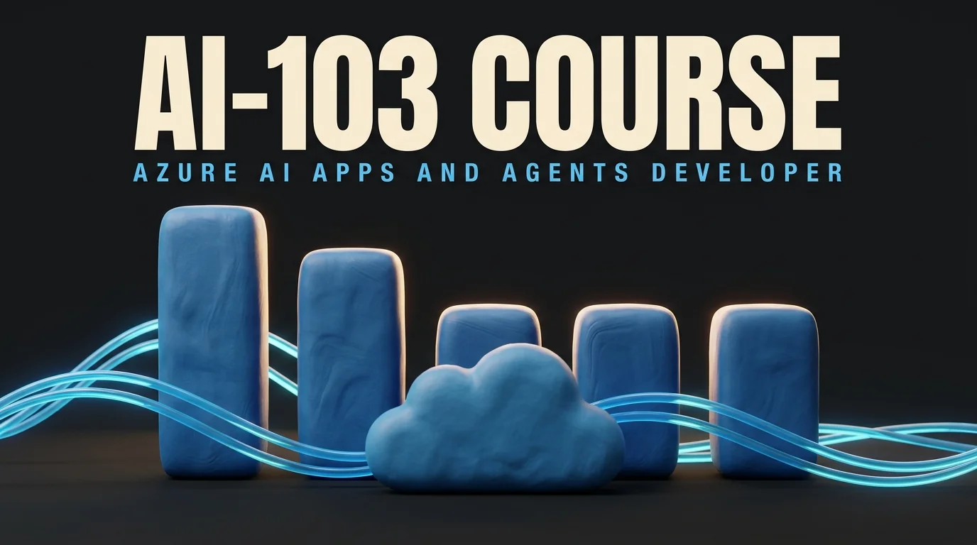 AI-103 course by Preporato: the five Azure AI Apps and Agents Developer exam skill areas as clay bars, heaviest to lightest, with a clay cloud in front