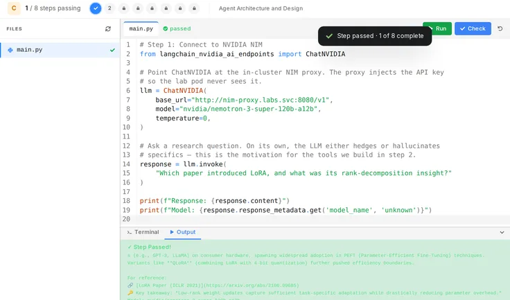 The lab cockpit in the browser: main.py open with the NIM client set up, the check output confirming the model answered, 1 of 8 steps complete